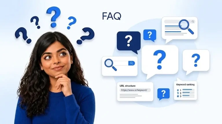 Frequently asked questions about SEO service in Ahmedabad — keyword ranking, URL structure and search optimisation answers by Meenal Digital Marketer