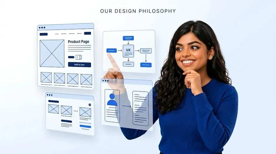 Website design philosophy at Meenal Digital Marketer Ahmedabad — UX flowchart, wireframe layouts, UI design and user-centred web development approach